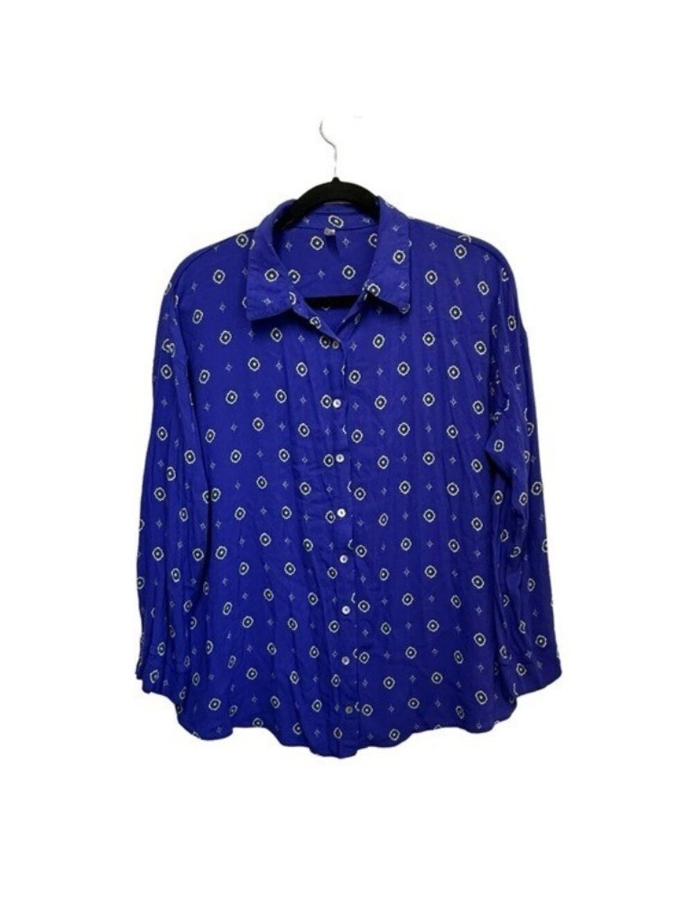 Free People‎ Intimately S Button Down Shirt Top Blue Print Oversized Long Sleeve